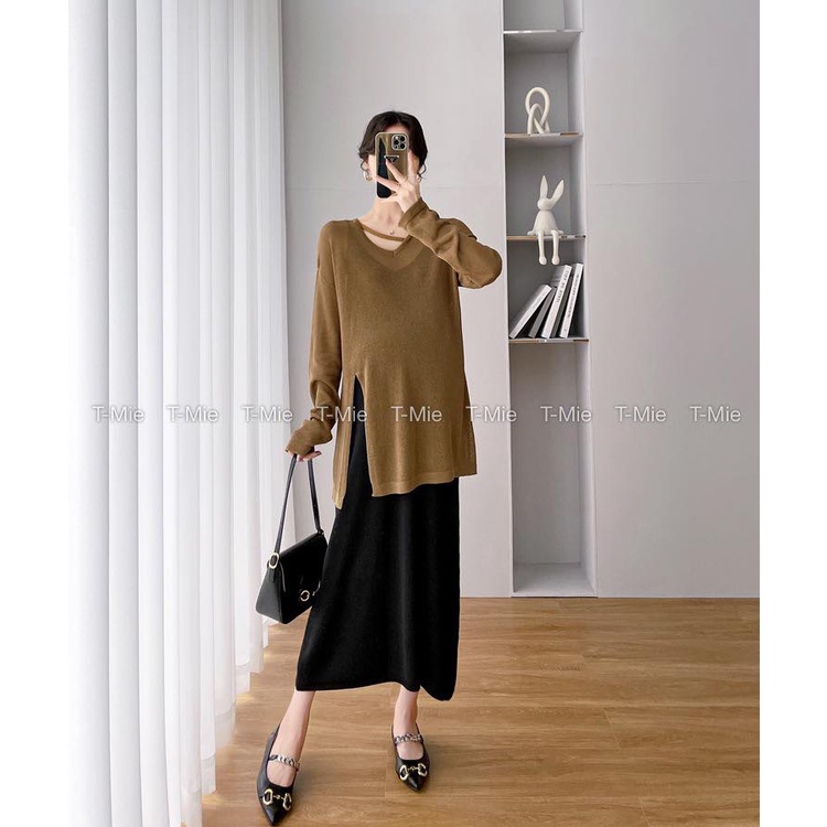 T-Mie | Đầm Bầu Maxi Quảng Châu Kèm Áo Len Siêu Sang Chảnh Công Sở Đi Tiệc Đẹp