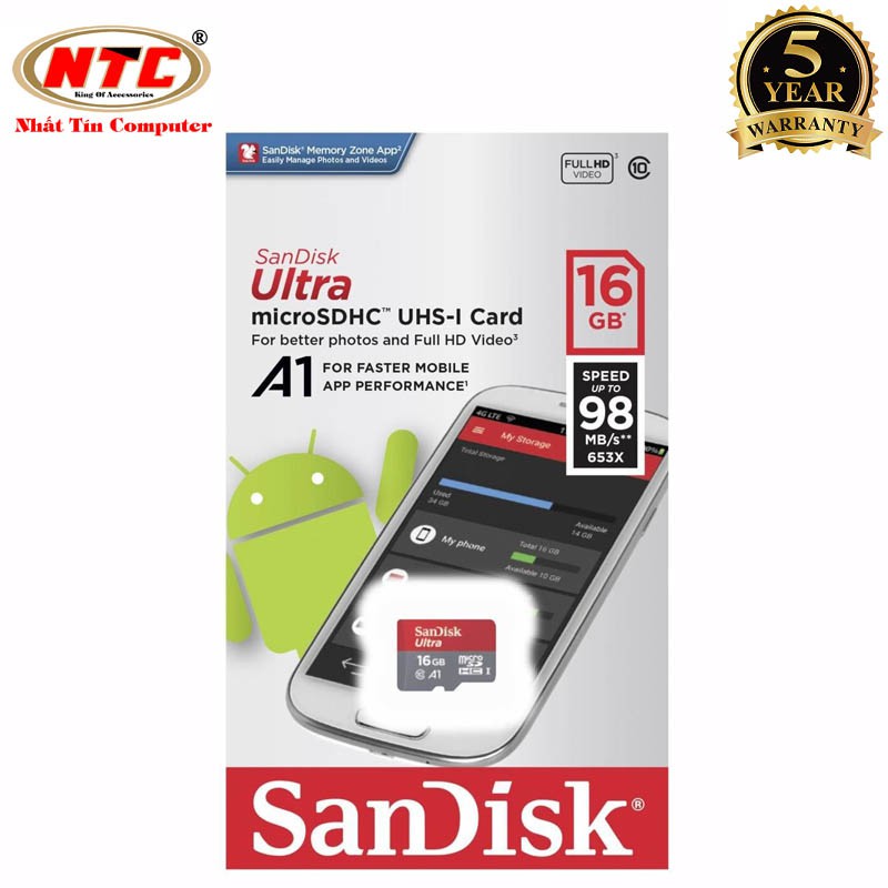 Thẻ nhớ MicroSDHC SanDisk Ultra A1 16GB Class 10 U1 98MB/s kèm adapter - new Version (Đỏ)