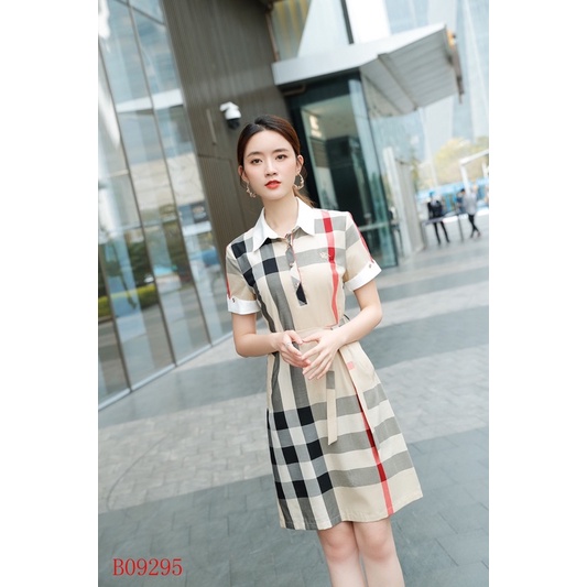 Đầm sơ mi nữ dáng chữ A thương hiệu Burberry BBR cao cấp màu nâu be