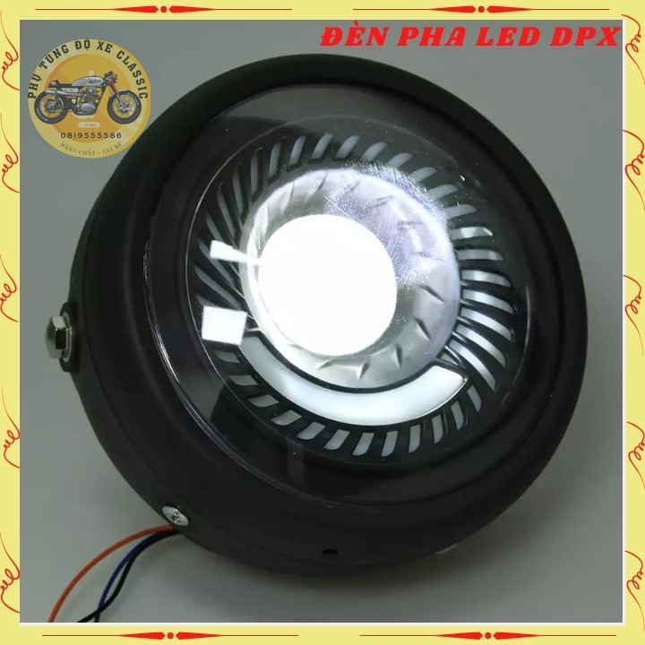 Đen led pha cao cấp, đèn xe máy độ CAFE RACER dạng xoắn gáo sắt sơn đen mặt kính