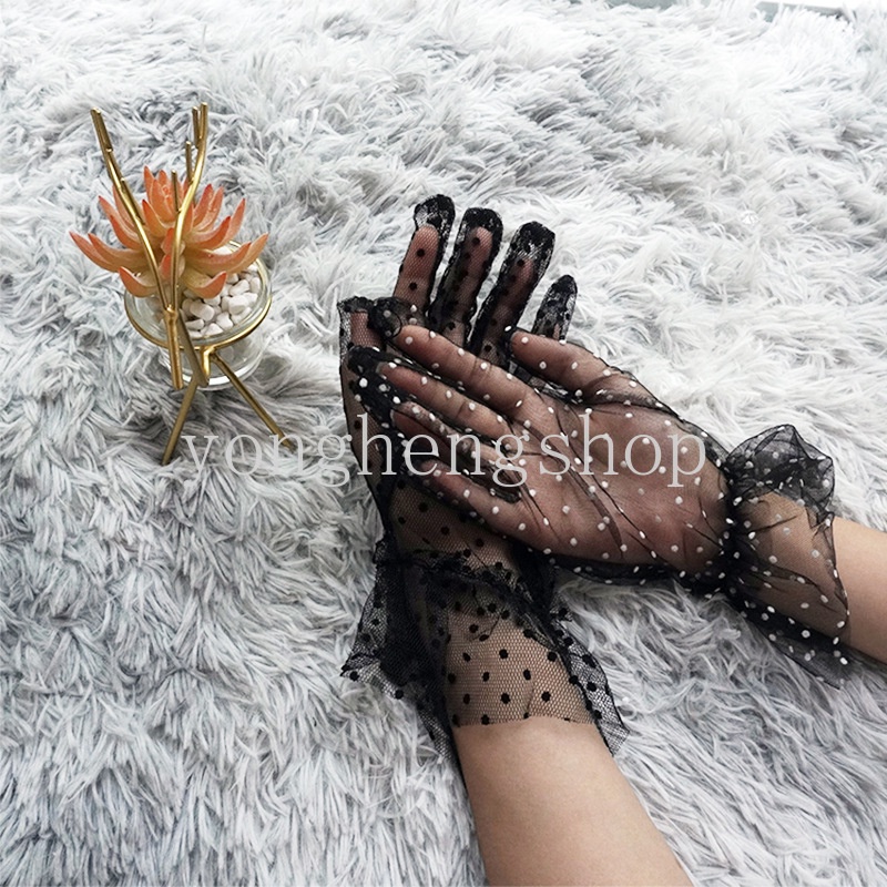 1 Đôi Găng Tay Ren Lưới Họa Tiết Chấm Bi Đen Trắng Dành Cho Cô Dâu