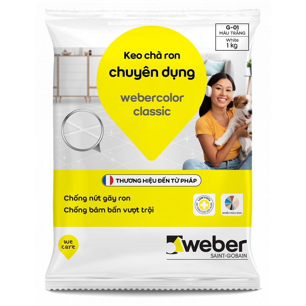Keo chà ron Weber dùng cho khu vực trong nhà khô ráo, chống nấm mốc, rêu đen và vi khuẩn, nhiều màu sắc.