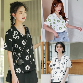 Áo Kiểu Vải Voan Tay Ngắn Cổ Vuông In Hoa Xinh Xắn Cho Nữ