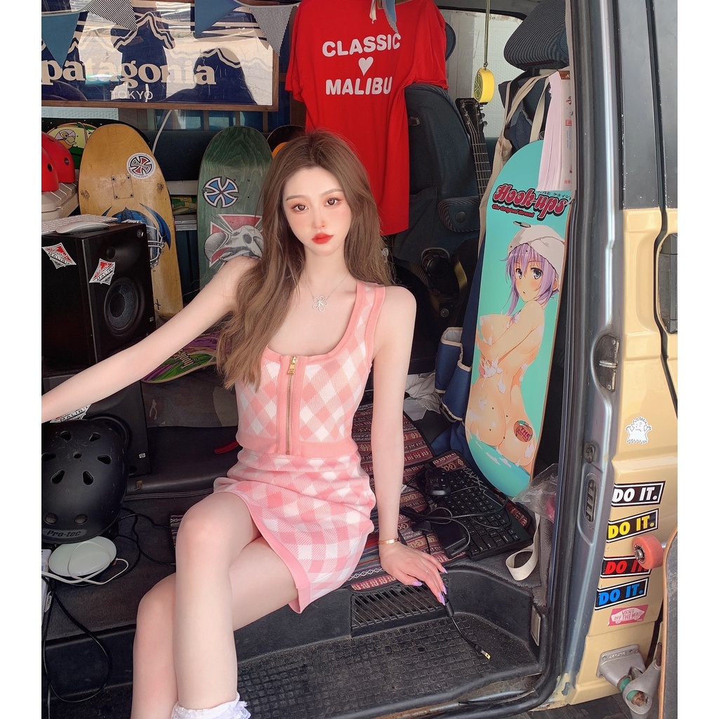 Bộ áo len sát nách và chân váy ZHELIHANGFEI màu hồng họa tiết kẻ sọc caro thời trang dành cho nữ