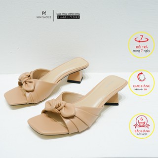 Dép guốc cao gót nữ thời trang, quai ngang xếp, đính nơ, gót đẹp, dưới 7cm, 2 màu, DepN43