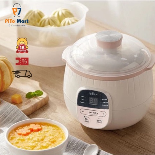 Nồi nấu cháo chậm Bear cho bé, Nồi nấu chậm ninh hầm kho cách thuỷ 0,8L hàng chính hãng, bảo hành 18 tháng