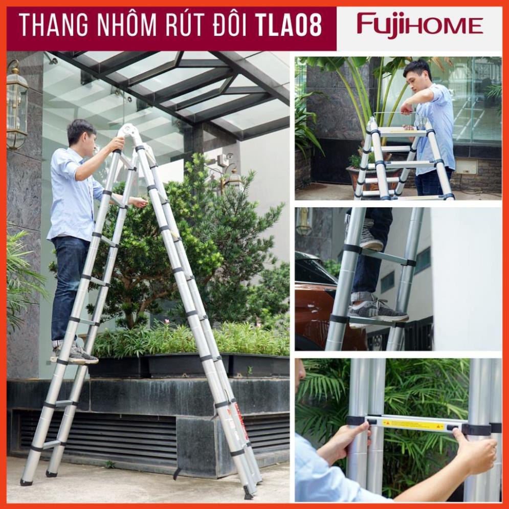 Thang nhôm rút chữ A FUJIHOME 3,8M - 5M gấp gọn chính hãng, thang rút đơn xếp gọn gia đình đa năng, thương hiệu Nhật Bản