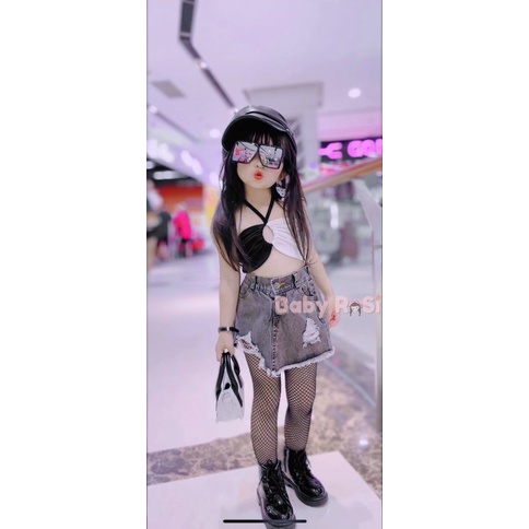 Sét áo 2 màu kèm chân váy jean rách cho bé gái