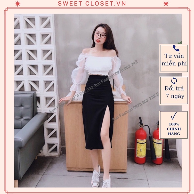 Chân váy đen dáng dài xẻ tà midi chất liệu tuyết mưa dày dặn