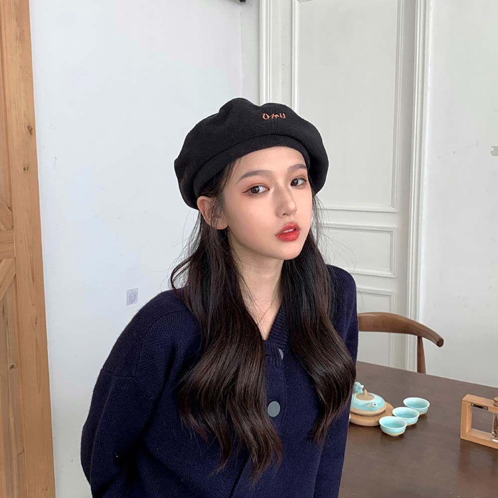 Mũ Beret Vải Lông Cừu Thêu Chữ Bắc Cực Kiểu Retro Anh Thời Trang Thu Đông Cho Nữ