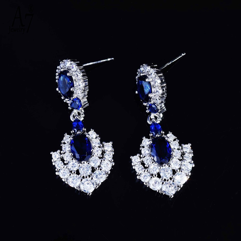 Bộ Vòng cổ + bông tai mạ bạc 925 đính đá sapphire nhiều màu thời trang cho nữ