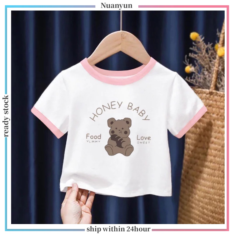 3-12Y Cute bear cartoon print boys and girls short-sleeved T-shirt two-color all match children's top round neck soft plus size children's T-shirt