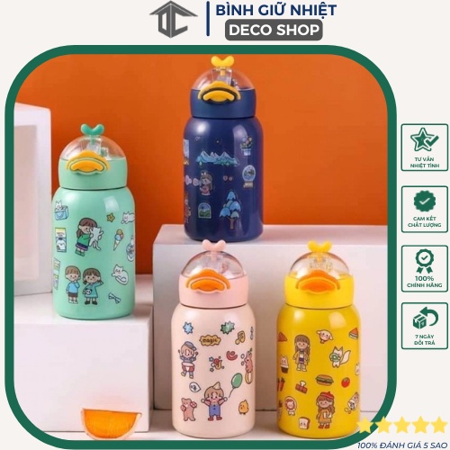 Bình giữ nhiệt GOOD DUCK vịt vàng, ruột inox 316 an toàn cho bé, có ống hút, stiker dán siêu kute, dung tích 400ml