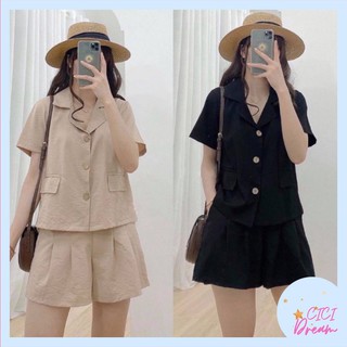 Set bộ áo vest nữ cộc tay phối quần đùi chất đũi, Set áo sơ mi nữ cổ vest ngắn tay kèm quần đùi
