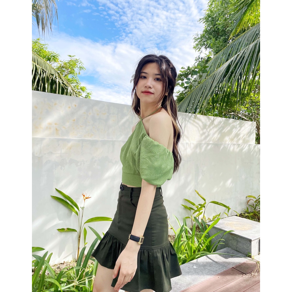 Chây váy kiểu 2 lớp xếp li dưới thời trang GAGO màu rêu GO4060