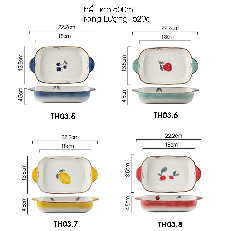 Bát sứ, thố nướng chữ nhật có quai cầm họa tiết hoa quả cực xinh- 2 dung tích