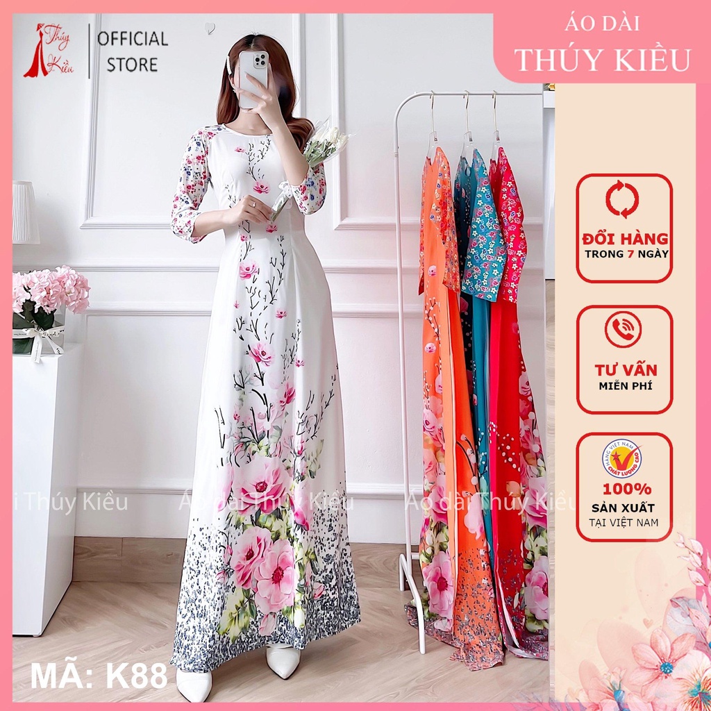 Áo dài nữ nền trắng hoa đào K88 in 3D lụa Nhật thiết kế hoa mới cách tân trẻ trung