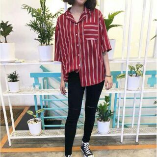 [Ảnh thật] Sơ mi đỏ kẻ dọc tay ngắn siêu hot oversize
