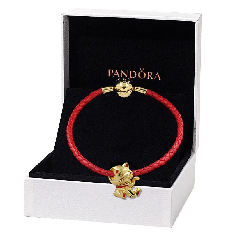 Bộ Vòng Tay Da Pandora Mạ Bạc 925 Hình Mèo May Mắn Đáng Yêu