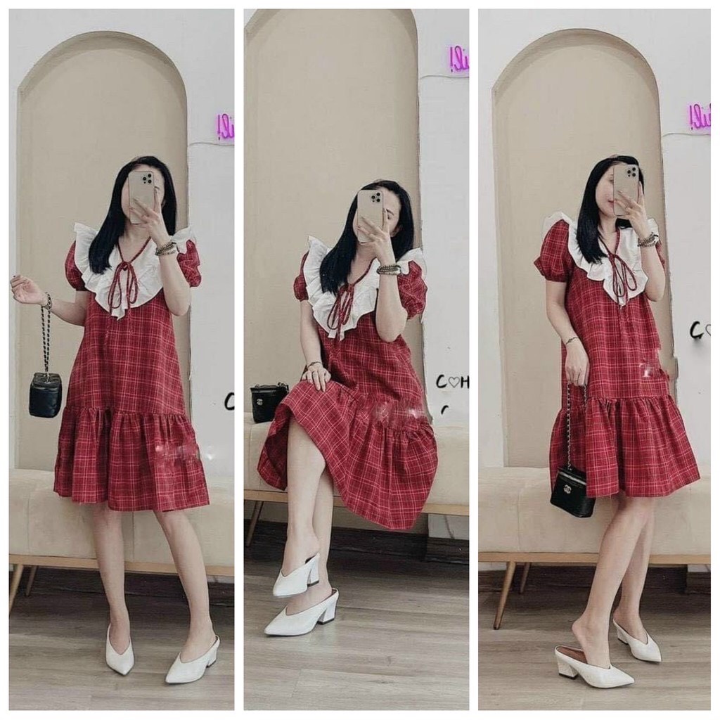 Đầm Bầu Thiết Kế Váy Bầu đẹp kẻ đỏ phối trắng Full size S/M/L