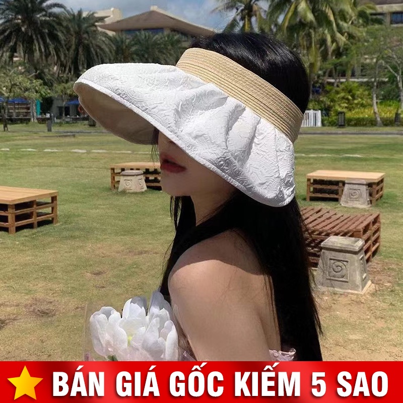 Mũ Cói Hở Đầu Phối Vải Hoa Văn 2 Mặt Vành Rộng P2137