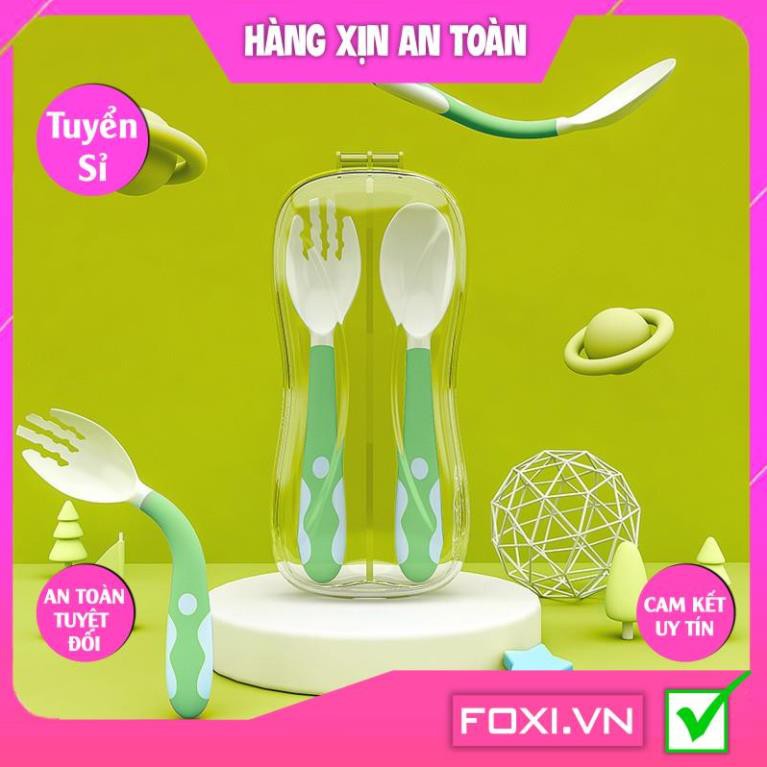 Bộ Thìa-Dĩa-Đũa Cho Bé Ăn Dặm Foxi-Phương pháp BLW Tự chỉ huy-Tập Xúc-Cán Ngắn Có nút Chặn An Toàn-kèm Hộp Đựng Vệ Sinh