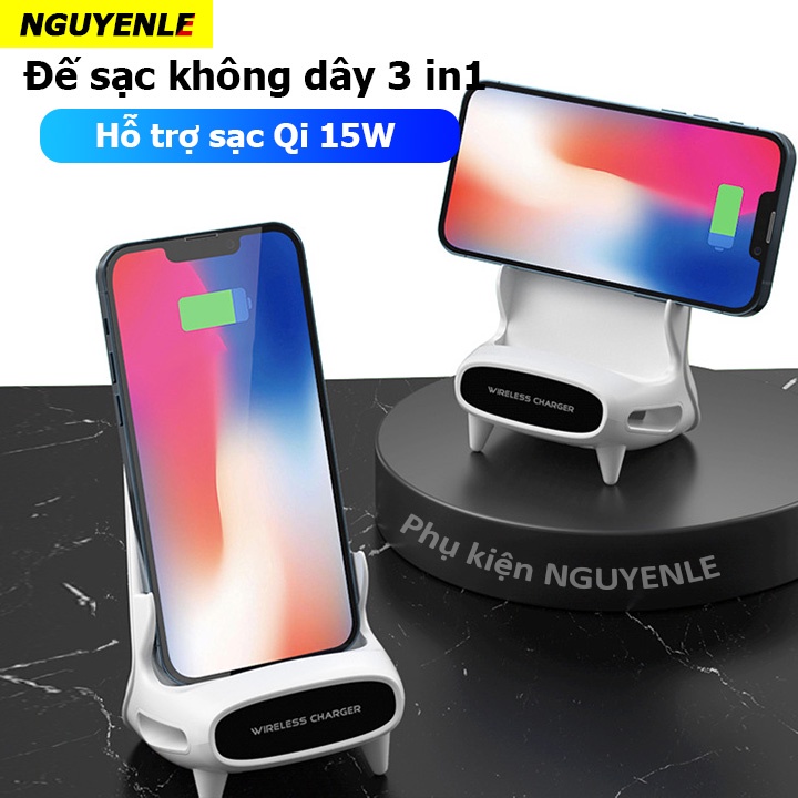 Đế sạc giá đỡ điện thoại đa năng 3 in 1 sạc không dây 15W