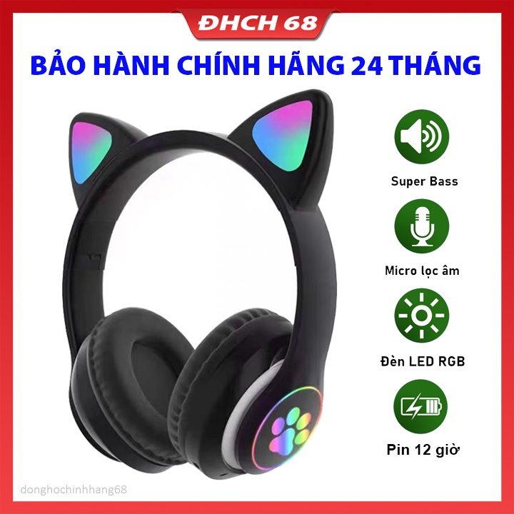 Tai Nghe Chụp Tai Mèo Bluetooth STN-28 Cute, Headphone Tai Mèo Có Mic 7 Màu Led Phát Sáng Không Dây Có Mic Chính Hãng