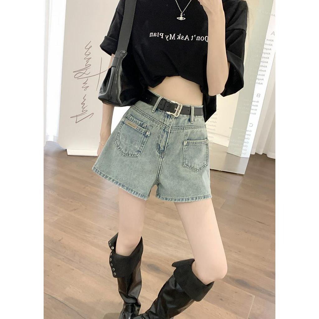Quần Short Denim Ống Rộng Lưng Cao Phối Hai Túi Phong Cách Hàn Quốc Thời Trang Mùa Hè Hàng Mới 63921
