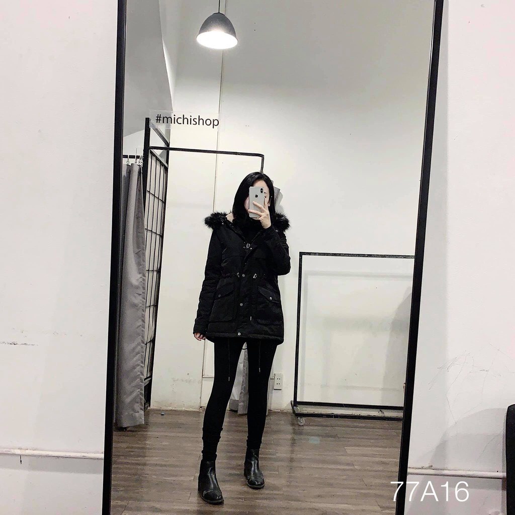 Áo Khoác mùa đông nữ, áo parka lót lông dây rút eo siêu đẹp