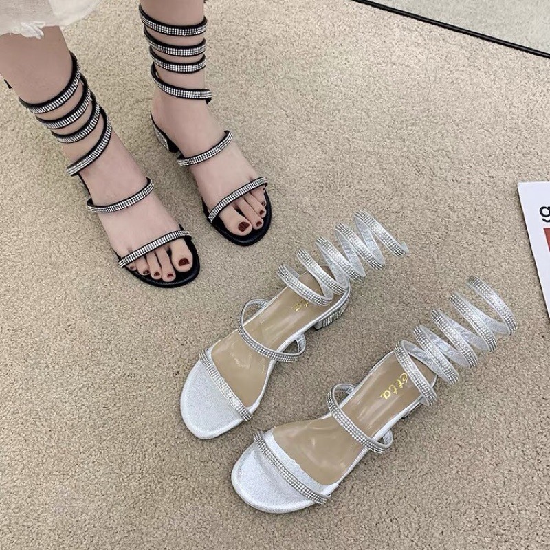Sandal lò xo quấn cổ chân đính đá nhân tạo gót vuông cao 4cm