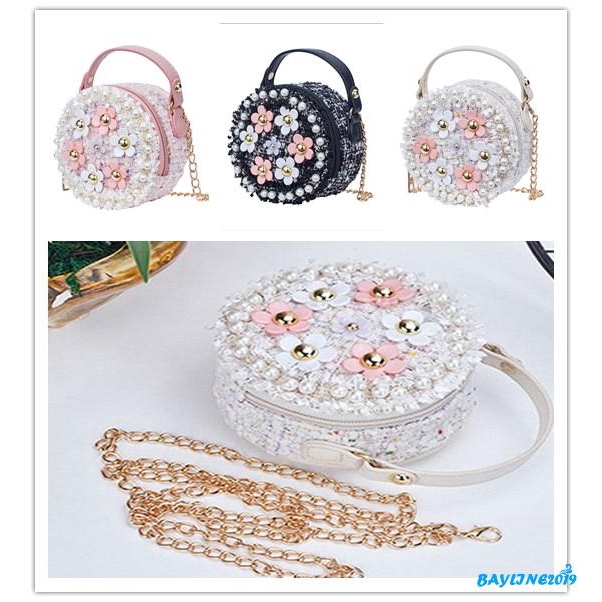 Túi xách đeo chéo vai hình tròn đính ngọc trai họa tiết hoa nhỏ xinh cho bé gái