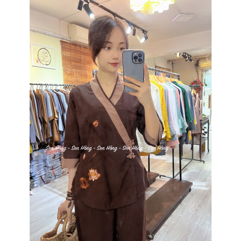 Set đồ lam đi chùa - quần áo Phật tử cài chéo viền nổi, vải kate Nhật bền đẹp - Pháp phục nữ Sen Hồng