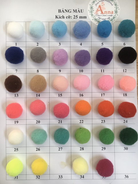 Pompom 50v Được chọn màu/Tuỳ chọn kích cỡ 3cm-2,5cm-2cm-1,5cm-1cm
