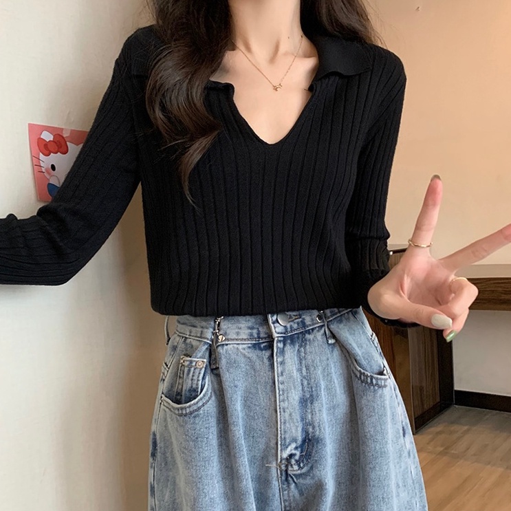 Áo kiểu ZHELIHANGFEI vải dệt kim tay dài cổ polo dáng ôm thời trang cá tính cho nữ