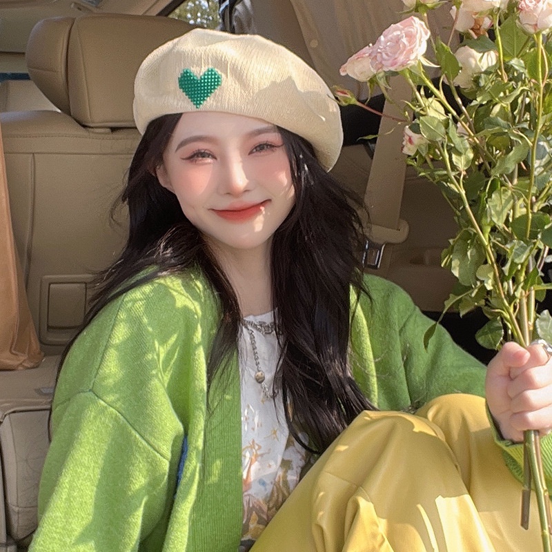 Mũ Beret Vải Cotton Lanh Thêu Hình Trái Tim Thời Trang Xuân Hè Phong Cách Hàn Quốc Cho Nữ