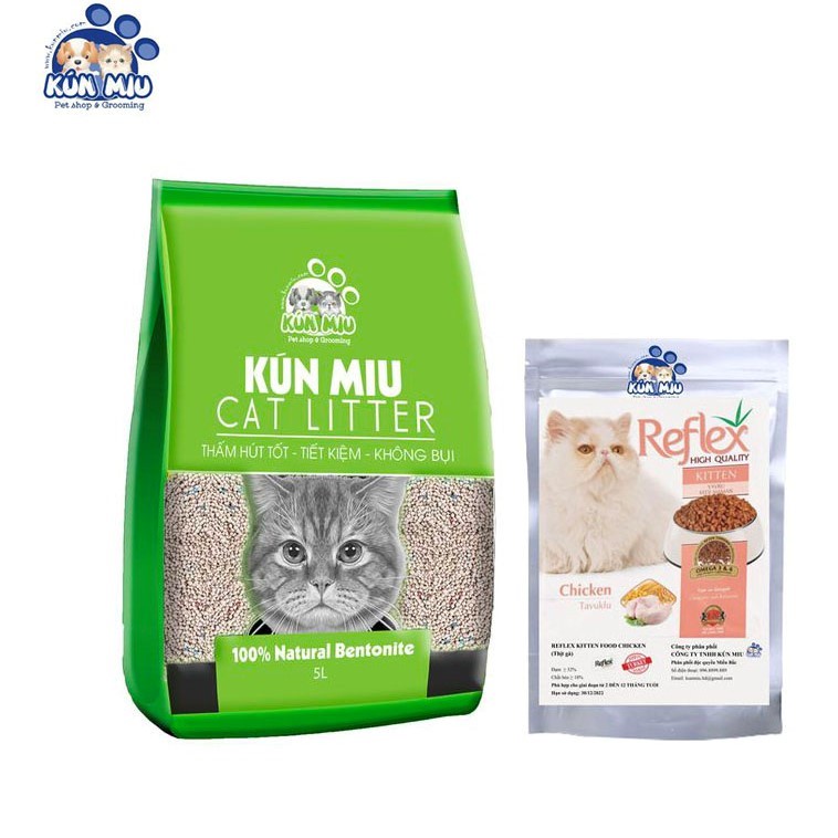 Combo Cát Chanh kunmiu 5l + Reflex kitten 1kg vị thịt gà