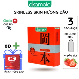 Bao cao su OKAMOTO Hương dâu Skinless skin 3 bao/hộp Strawberry trơn siêu mỏng chống tuột cao su tự nhiên Nhật Bản