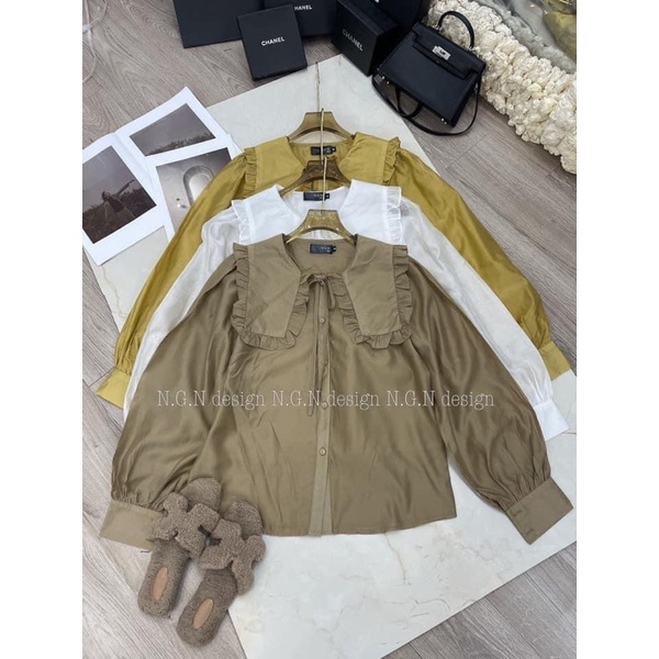 Áo sơ mi tơ nâu tây cổ bèo hàng quảng châu