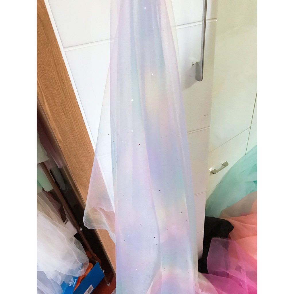 Vải voan lưới cầu vồng 7 màu có đính kim tuyến lấp lánh khổ 50x50cm