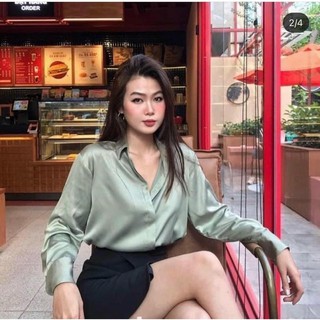 ANU329 - ÁO SƠ MI NỮ LỤA XANH NGỌC DÀI TAY