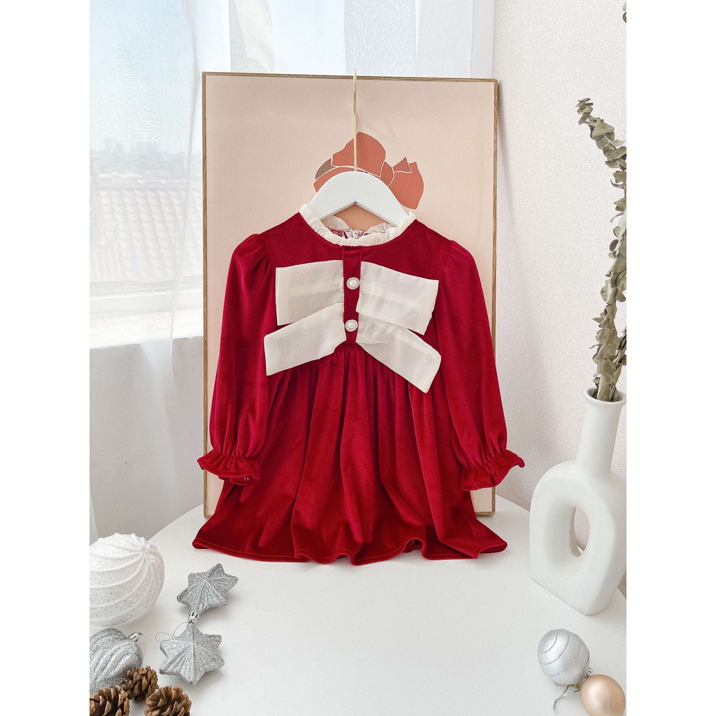 Váy đầm thiết kế công chúa mùa xuân siêu xinh cho bé gái kiểu dáng nhún ngực 10-22kg nhung len Đỏ/ Đen A02