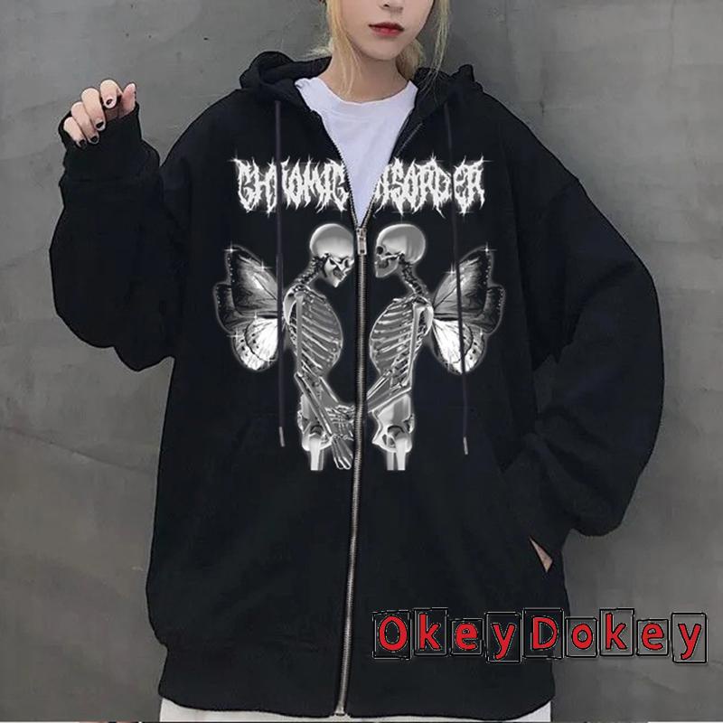 Áo Khoác Hoodie Có Khóa Kéo In Họa Tiết Bướm Phong Cách Gothic Punk Y2k Cho Nữ