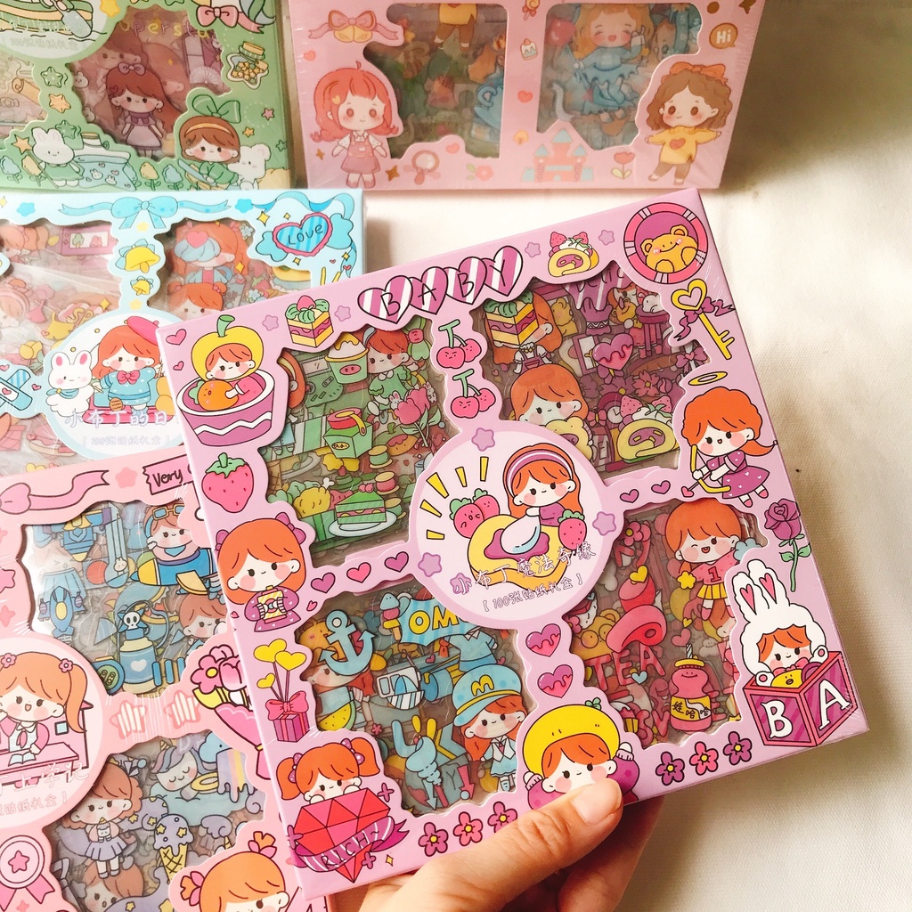Hộp 100 sticker gấu dâu cute, hình dán dễ thương
