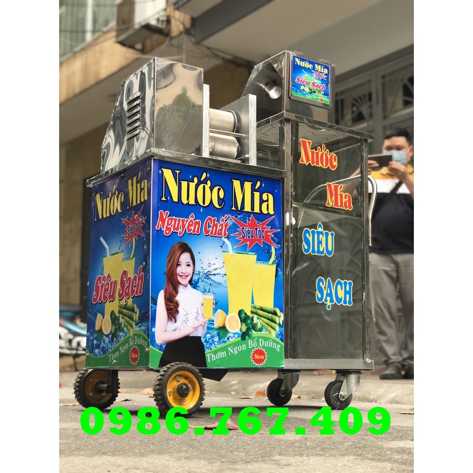 Máy ép mía 3 lô siêu kiệt ép 1 lần motor 1500w có tủ kính khung viền inox