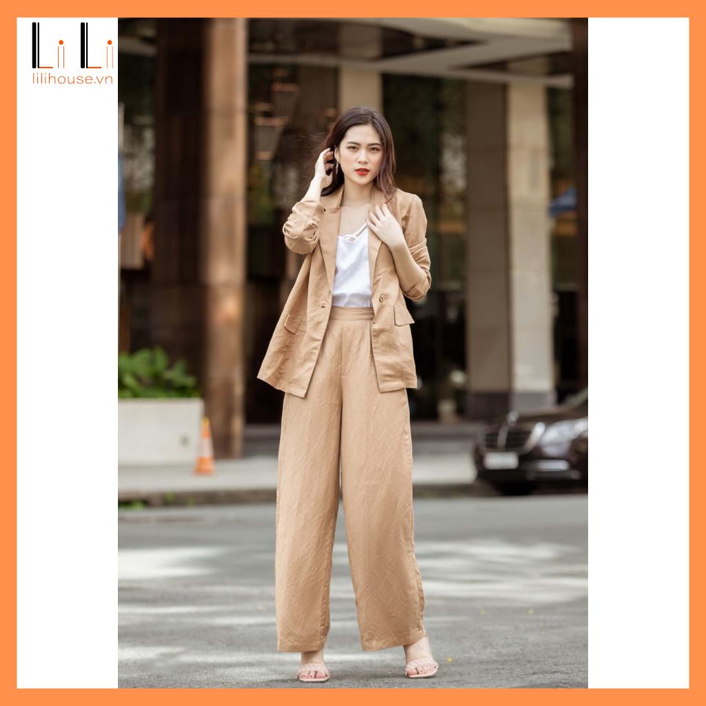 Set áo blazer vest nữ đẹp chất linen cao cấp công sở đẹp có bán kèm quần suông màu kaki | BigBuy360 - bigbuy360.vn
