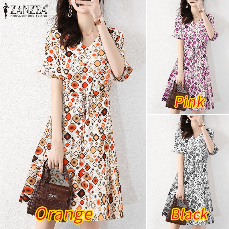 Đầm Zanzea tay ngắn cổ chữ v rút dây họa tiết hình học phong cách Hàn Quốc thời trang cho nữ