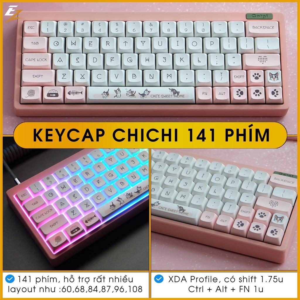 Keycap Thick PBT XDA Mèo Chi Chi 141 Nút Cho Bàn Phím Cơ 1988PC