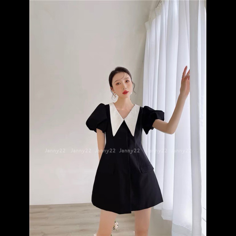 [Ảnh thật/Video] Váy Chữ A Màu Đen Pha Cổ Trắng Chất Tuyết Mưa Dày Dặn Đứng Dáng- Đầm Dự Tiệc Màu Đen Sang Chảnh Lịch Sự | BigBuy360 - bigbuy360.vn