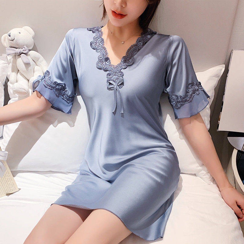 quyến rũ&kích thích& ✧Bộ đồ ngủ Phụ nữ mùa hè Nets Red Ice Silk Thời trang Nightdress Dress Trang chủ Có thể mặc váy đồ